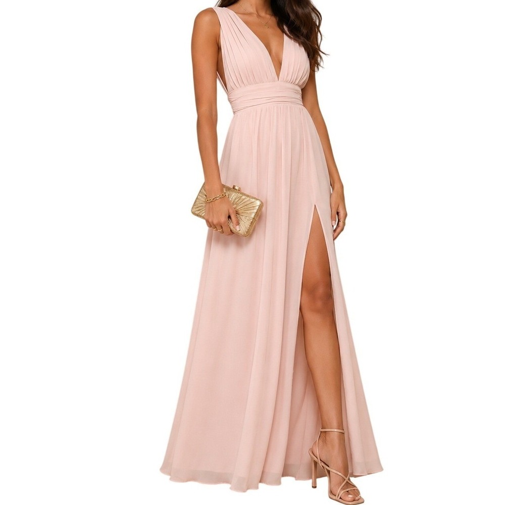 Lulus Maxi Dress Heavenly Hues Chiffon Pleated V-Neck Formal Blush Pink S NWT